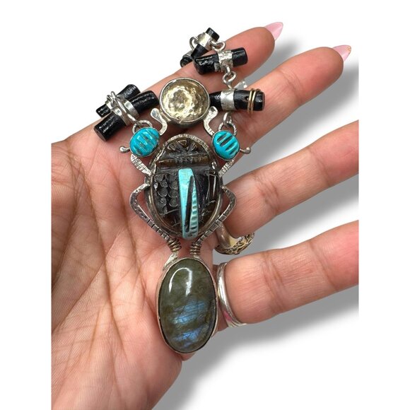Hemerson Brown Navajo Sterling Scarab Necklace 14k Turquoise Labradorite 18in - Picture 13 of 14
